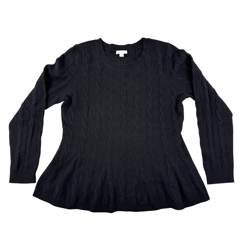 Garnet Hill Sweater Womens L Black 100% Cashmere Cable Knit peplum Crewneck Warm